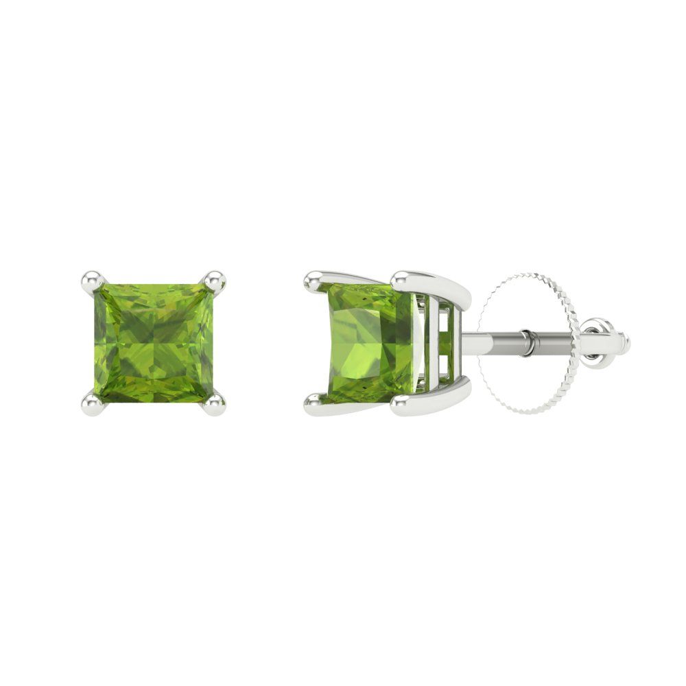 1.5 ctw Peridot Studs Earrings | 5.0mm Princess Cut White Gold Screw back | August Birthstone