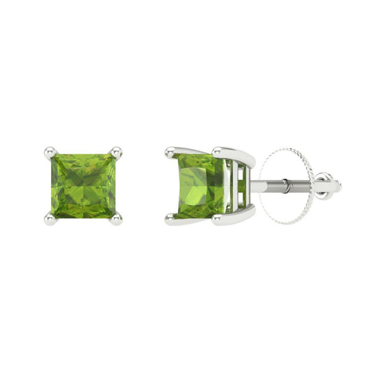 1.5 ctw Peridot Studs Earrings | 5.0mm Princess Cut White Gold Screw back | August Birthstone