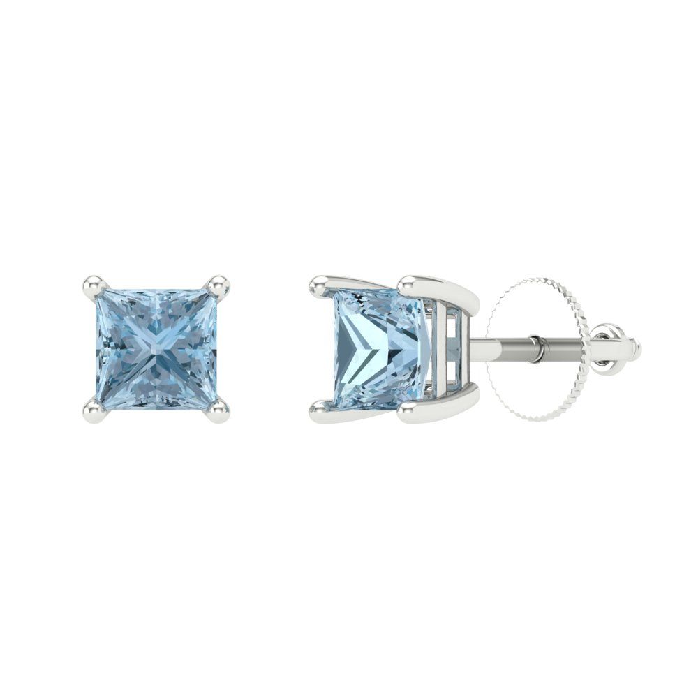 1.5 ctw Sky Blue Topaz Studs Earrings | 5.0mm Princess Cut White Gold Screw back | December Birthstone