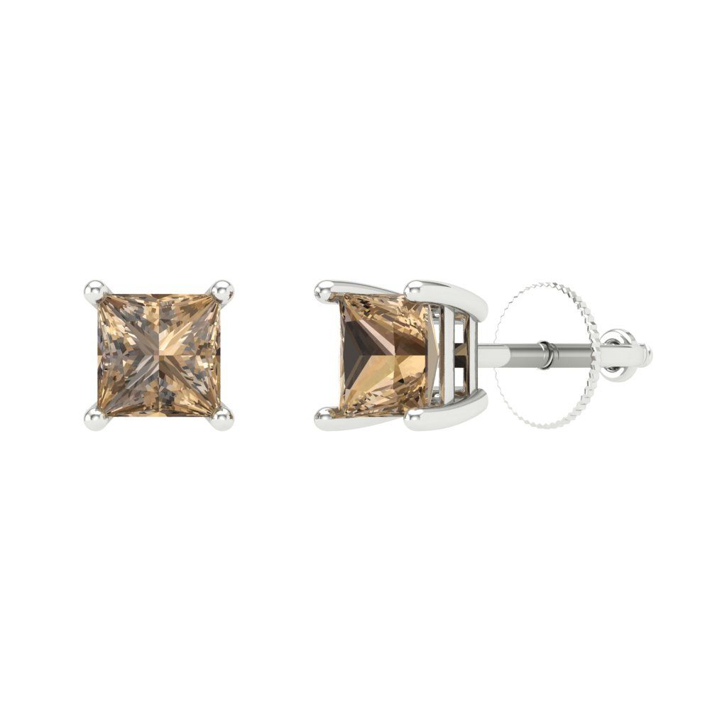 1.5 ctw Champagne Studs Earrings | 5.0mm Princess Cut White Gold Screw back | April Birthstone