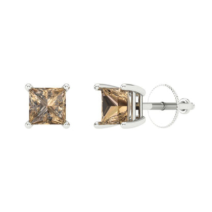 1.5 ctw Champagne Studs Earrings | 5.0mm Princess Cut White Gold Screw back | April Birthstone