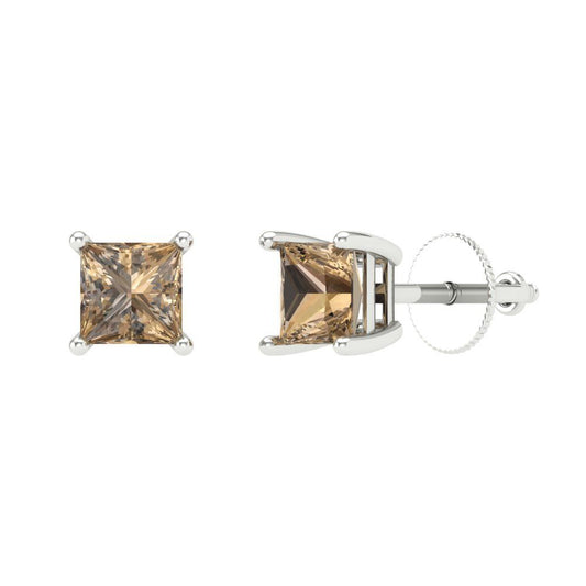 1.5 ctw Champagne Studs Earrings | 5.0mm Princess Cut White Gold Screw back | April Birthstone