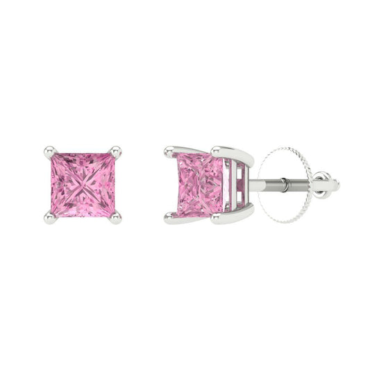 1.5 ctw Pink Zirconia Studs Earrings | 5.0mm Princess Cut White Gold Screw back | April Birthstone