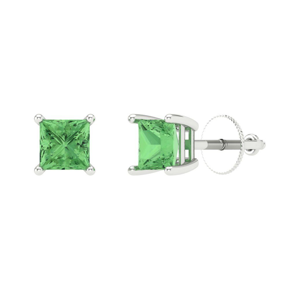1.5 ctw Green Zirconia Studs Earrings | 5.0mm Princess Cut White Gold Screw back | April Birthstone