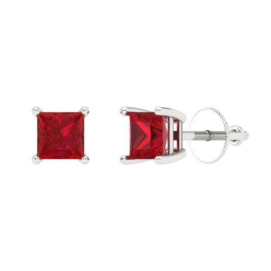 1.5 ctw Ruby Studs Earrings | 5.0mm Princess Cut White Gold Screw back | July Birthstone