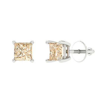 1.5 ctw Morganite Studs Earrings | 5.0mm Princess Cut White Gold Screw back | February Birthstone