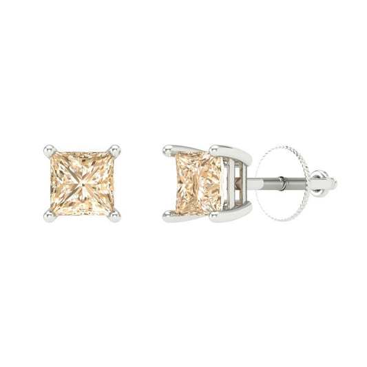 1.5 ctw Morganite Studs Earrings | 5.0mm Princess Cut White Gold Screw back | February Birthstone