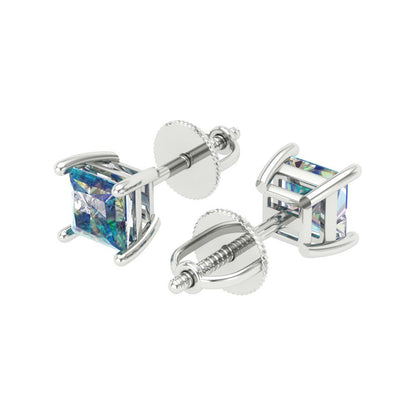 1.5 ctw Blue Moissanite Studs Earrings | 5.0mm Princess Cut White Gold Screw back | April Birthstone