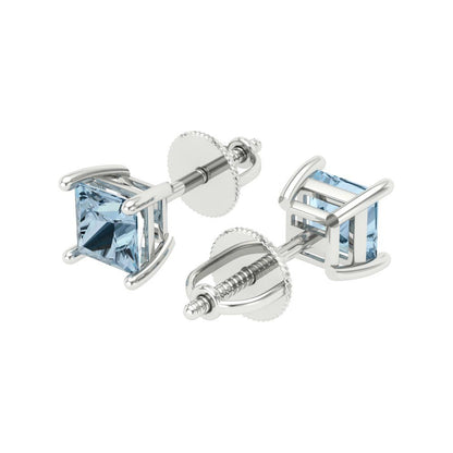 1.5 ctw Aquamarine Studs Earrings | 5.0mm Princess Cut White Gold Screw back | March Birthstone