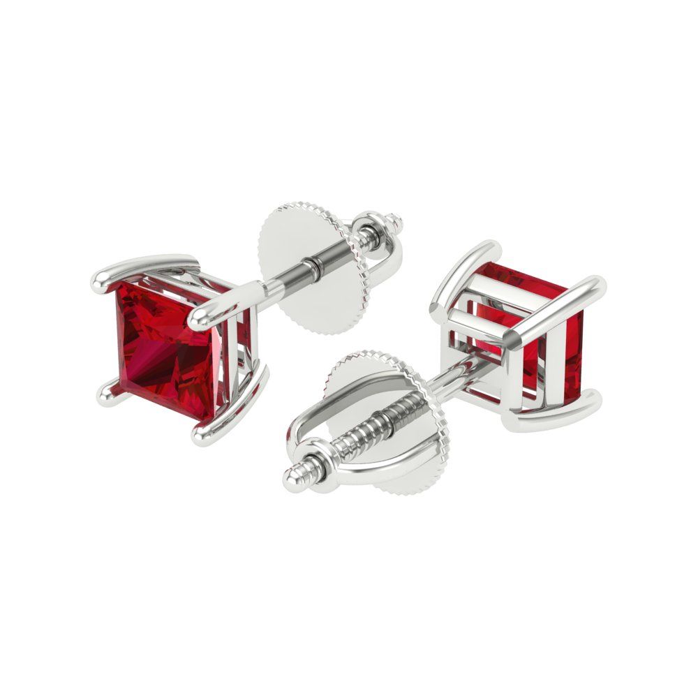 1.5 ctw Ruby Studs Earrings | 5.0mm Princess Cut White Gold Screw back | July Birthstone