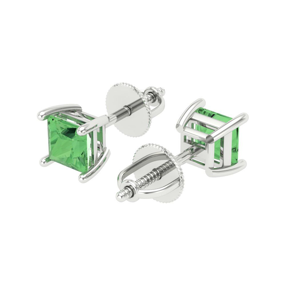 1.5 ctw Green Zirconia Studs Earrings | 5.0mm Princess Cut White Gold Screw back | April Birthstone