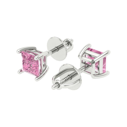 1.5 ctw Pink Zirconia Studs Earrings | 5.0mm Princess Cut White Gold Screw back | April Birthstone