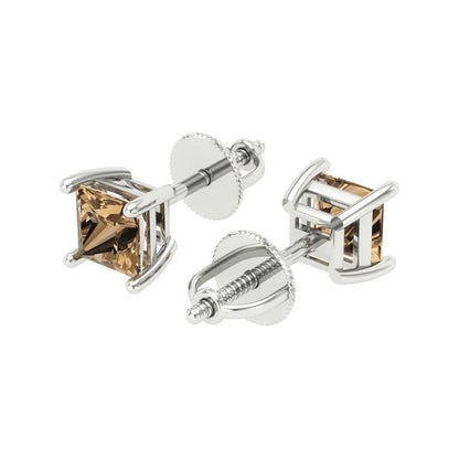 1.5 ctw Champagne Studs Earrings | 5.0mm Princess Cut White Gold Screw back | April Birthstone