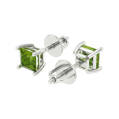 1.5 ctw Peridot Studs Earrings | 5.0mm Princess Cut White Gold Screw back | August Birthstone