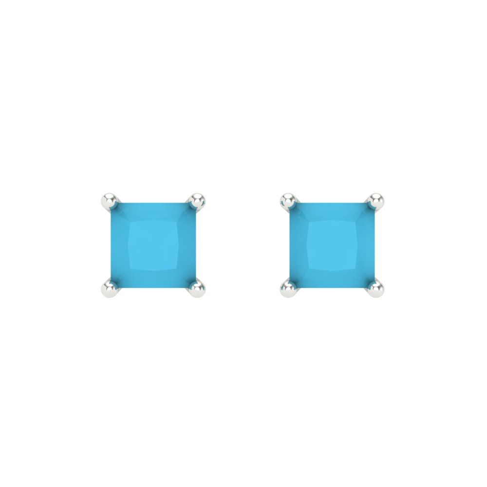 1.5 ctw Turquoise Studs Earrings | 5.0mm Princess Cut White Gold Screw back | December Birthstone