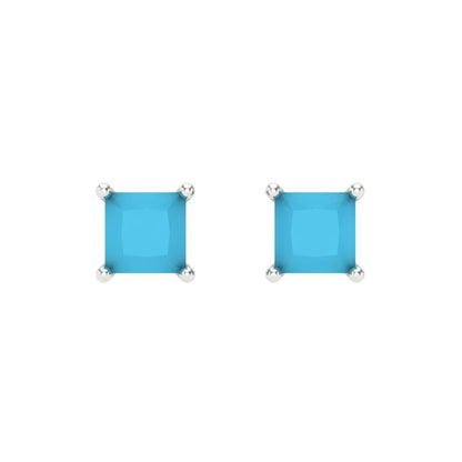 1.5 ctw Turquoise Studs Earrings | 5.0mm Princess Cut White Gold Screw back | December Birthstone