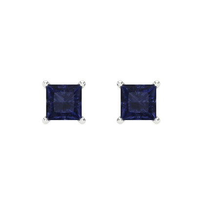 1.5 ctw Blue Sapphire Studs Earrings | 5.0mm Princess Cut White Gold Screw back | September Birthstone