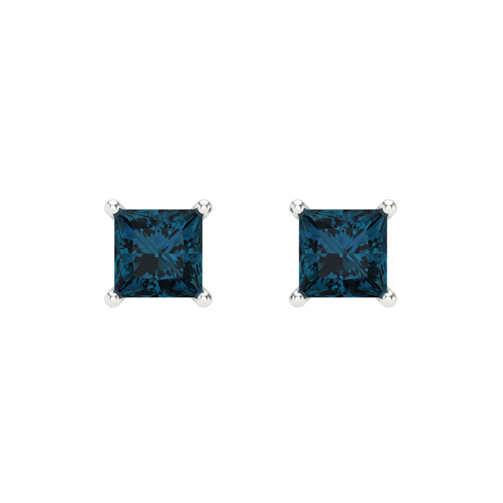 1.5 ctw London Blue Topaz Studs Earrings | 5.0mm Princess Cut White Gold Screw back | December Birthstone