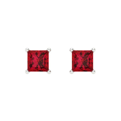 1.5 ctw Ruby Studs Earrings | 5.0mm Princess Cut White Gold Screw back | July Birthstone