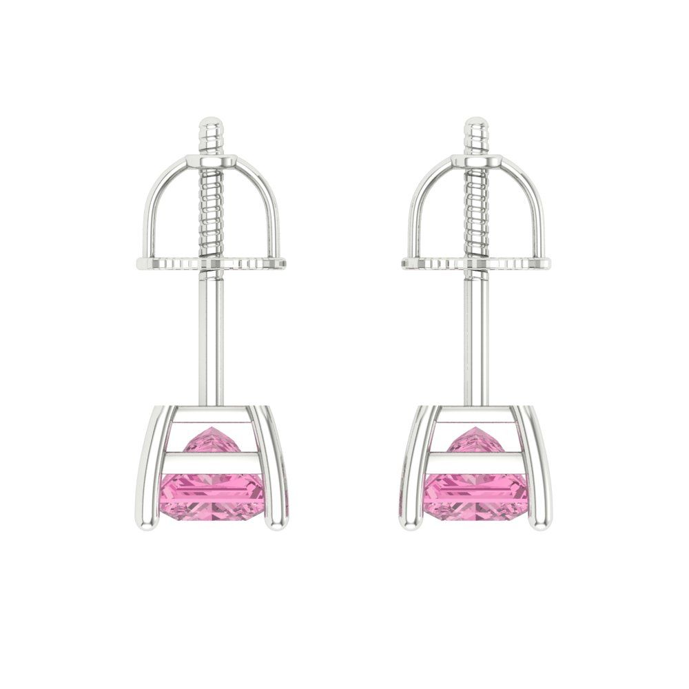 1.5 ctw Pink Zirconia Studs Earrings | 5.0mm Princess Cut White Gold Screw back | April Birthstone