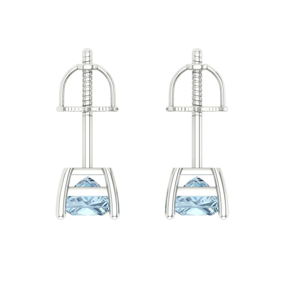 1.5 ctw Blue Zirconia Studs Earrings | 5.0mm Princess Cut White Gold Screw back | April Birthstone