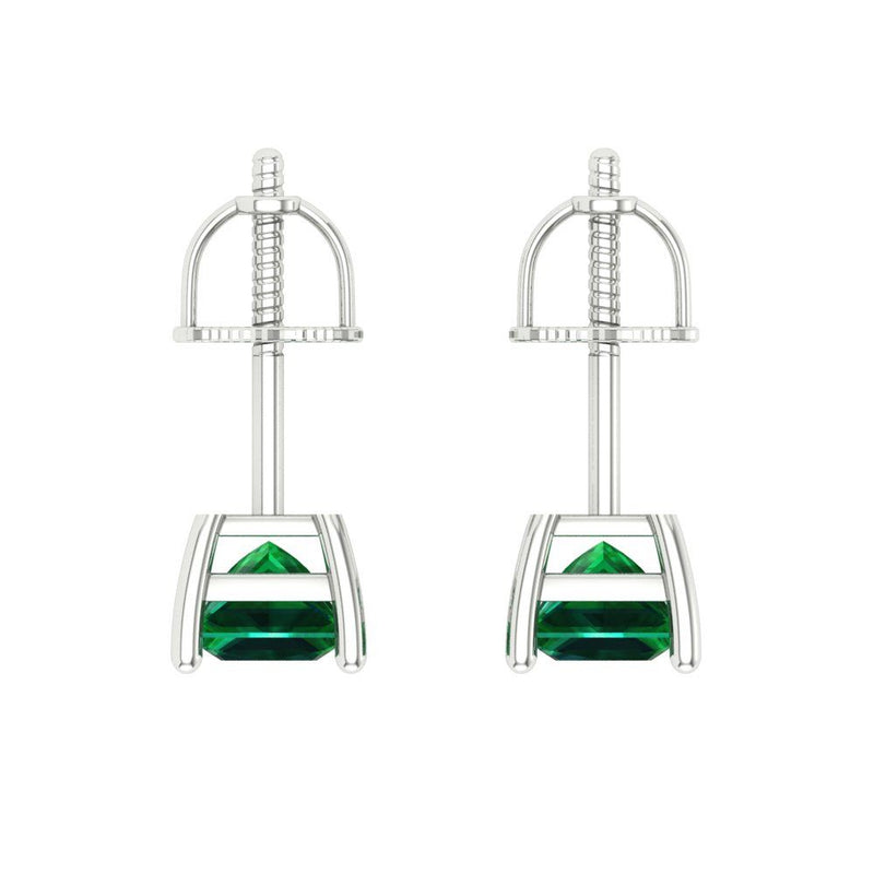 1.5 ct Brilliant Princess Cut Solitaire Studs Simulated Emerald Stone White Gold Earrings Screw back