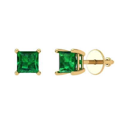 1.5 ctw Emerald Studs Earrings | 5.0mm Princess Cut White Gold Screw back | May Birthstone