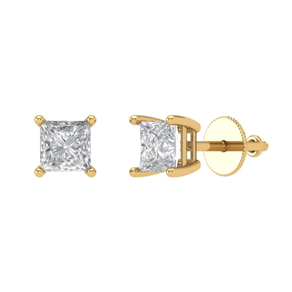 1.5 ctw White Sapphire Studs Earrings | 5.0mm Princess Cut White Gold Screw back | April Birthstone