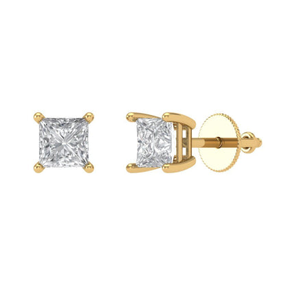 1.5 ctw White Sapphire Studs Earrings | 5.0mm Princess Cut White Gold Screw back | April Birthstone