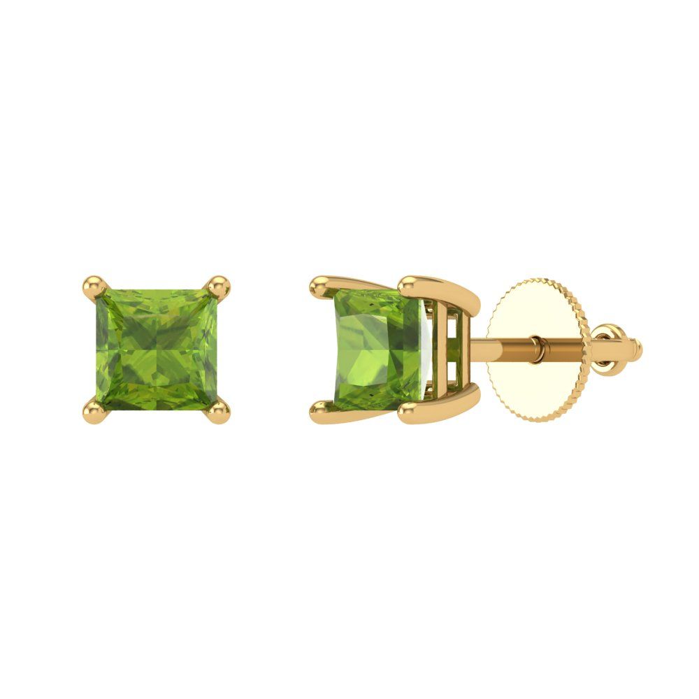 1.5 ctw Peridot Studs Earrings | 5.0mm Princess Cut White Gold Screw back | August Birthstone