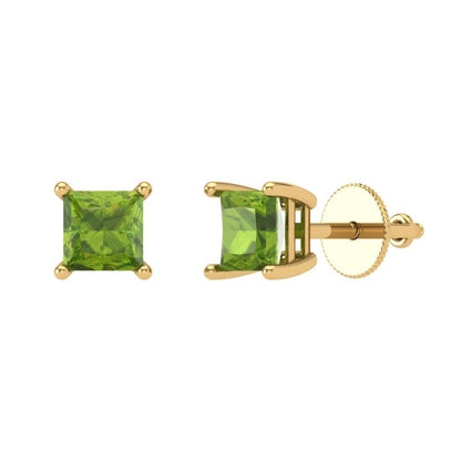 1.5 ctw Peridot Studs Earrings | 5.0mm Princess Cut White Gold Screw back | August Birthstone