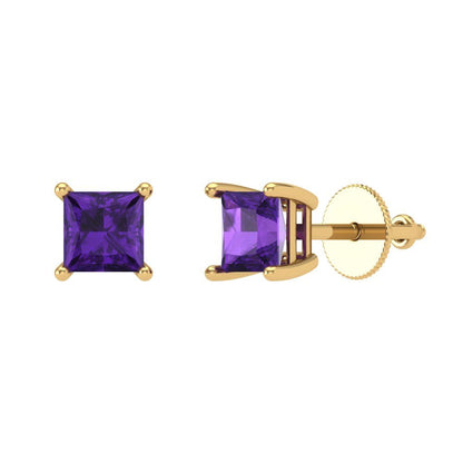 1.5 ctw Amethyst Studs Earrings | 5.0mm Princess Cut White Gold Screw back | February Birthstone