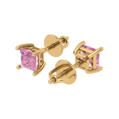 1.5 ctw Pink Zirconia Studs Earrings | 5.0mm Princess Cut White Gold Screw back | April Birthstone