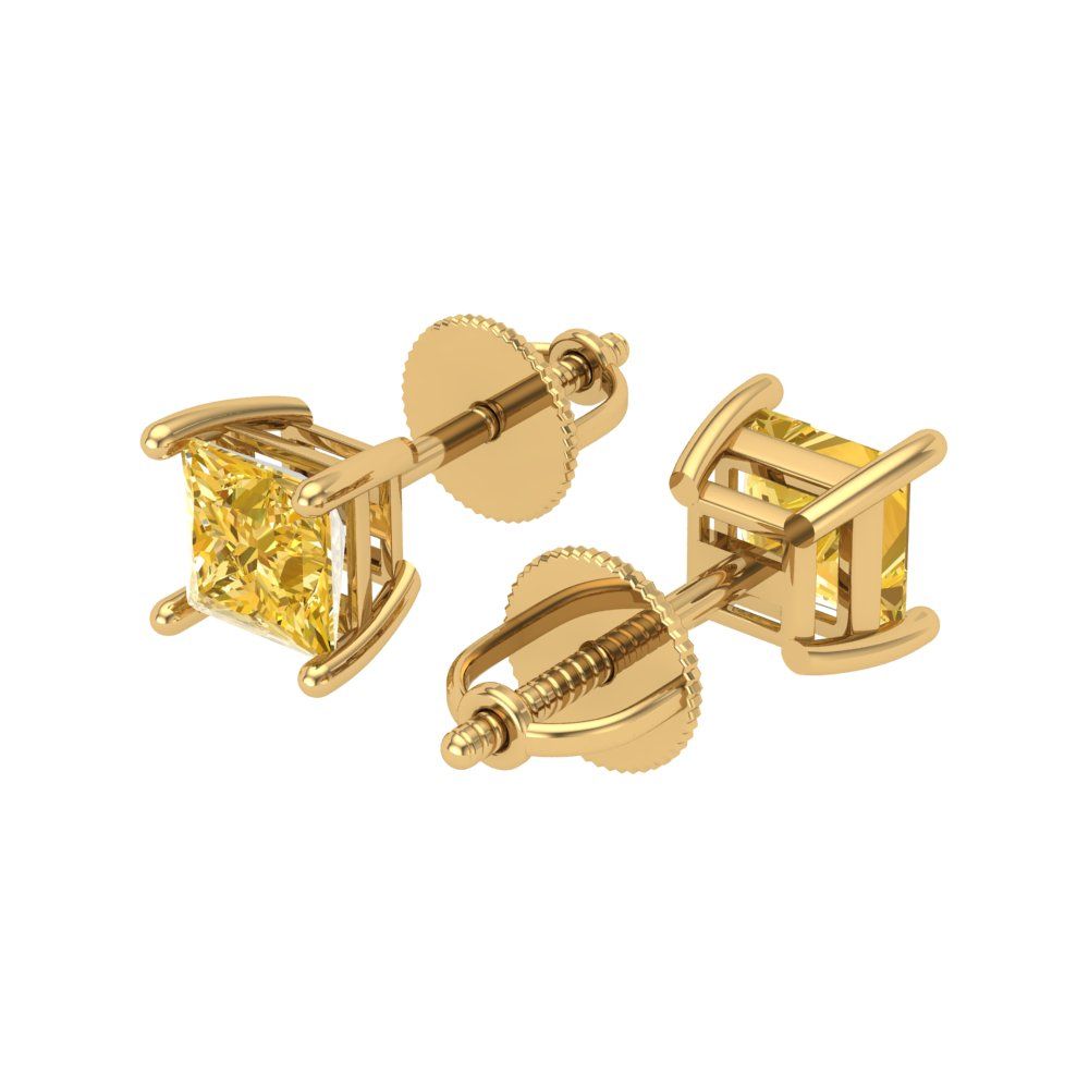 1.5 ctw Yellow Zirconia Studs Earrings | 5.0mm Princess Cut White Gold Screw back | April Birthstone