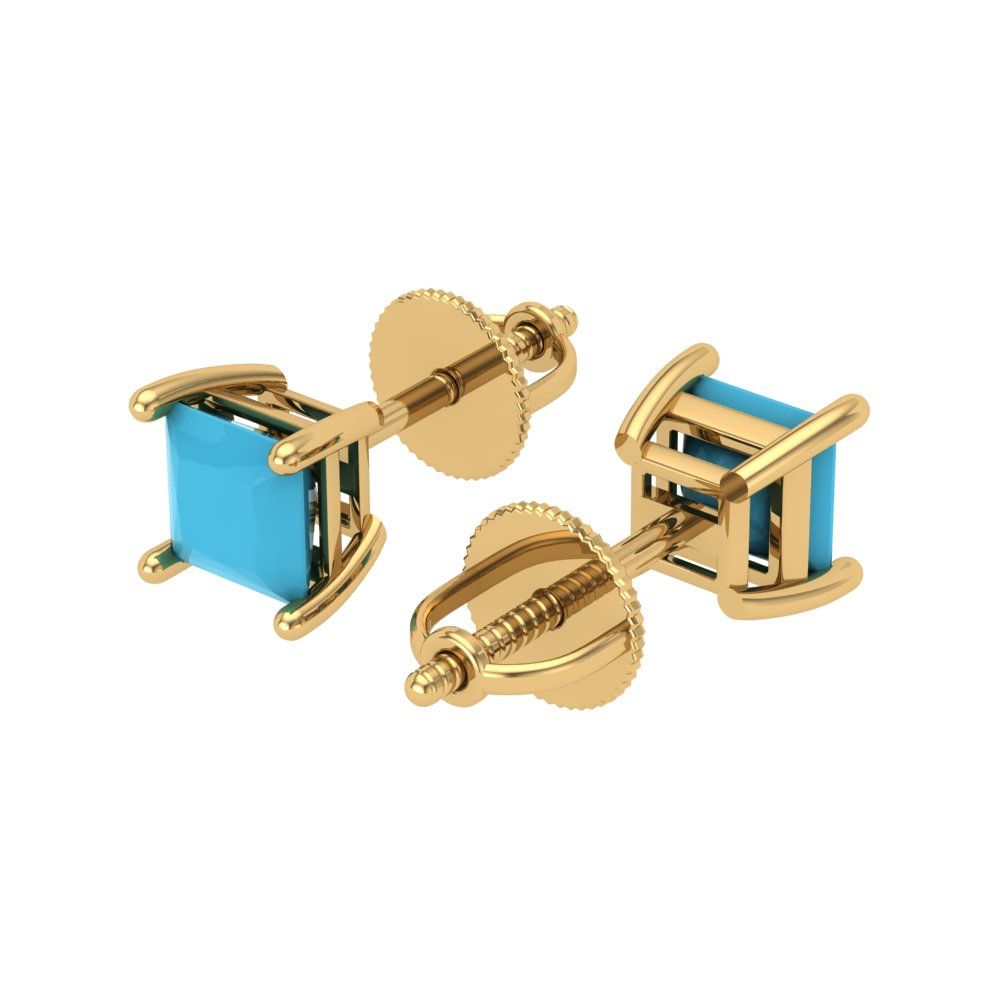 1.5 ctw Turquoise Studs Earrings | 5.0mm Princess Cut White Gold Screw back | December Birthstone