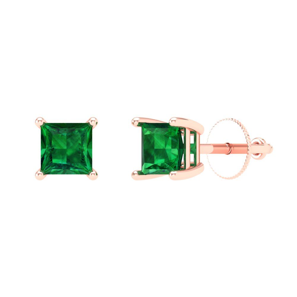 1.5 ctw Emerald Studs Earrings | 5.0mm Princess Cut White Gold Screw back | May Birthstone