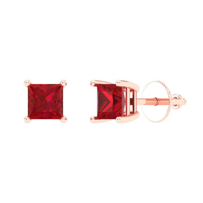 1.5 ctw Ruby Studs Earrings | 5.0mm Princess Cut White Gold Screw back | July Birthstone
