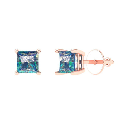 1.5 ctw Blue Moissanite Studs Earrings | 5.0mm Princess Cut White Gold Screw back | April Birthstone