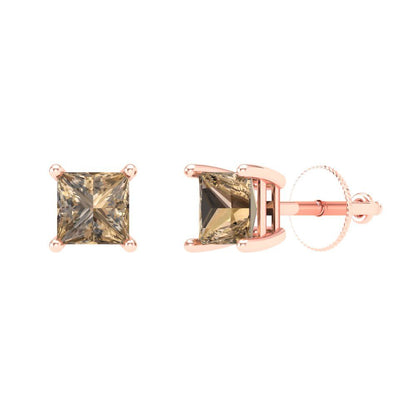 1.5 ctw Champagne Studs Earrings | 5.0mm Princess Cut White Gold Screw back | April Birthstone