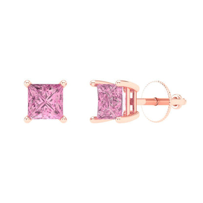 1.5 ctw Pink Zirconia Studs Earrings | 5.0mm Princess Cut White Gold Screw back | April Birthstone