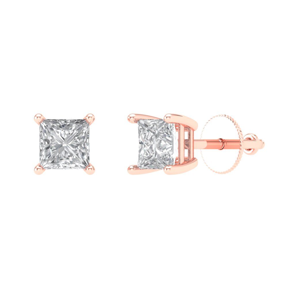 1.5 ctw Moissanite Studs Earrings | 5.0mm Princess Cut White Gold Screw back | April Birthstone