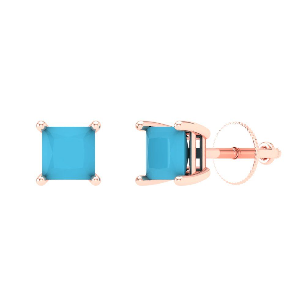 1.5 ctw Turquoise Studs Earrings | 5.0mm Princess Cut White Gold Screw back | December Birthstone