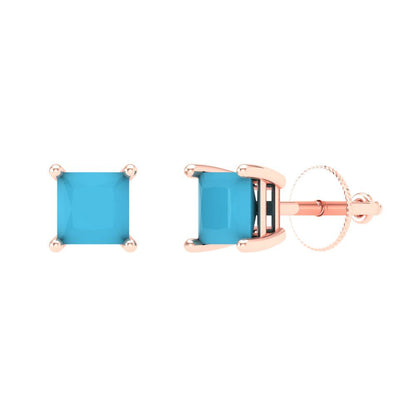 1.5 ctw Turquoise Studs Earrings | 5.0mm Princess Cut White Gold Screw back | December Birthstone
