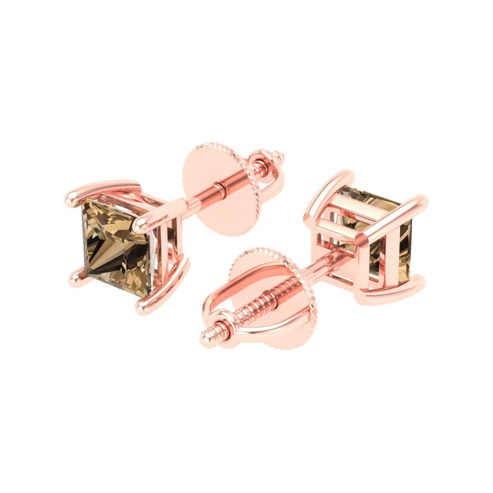 1.5 ctw Champagne Studs Earrings | 5.0mm Princess Cut White Gold Screw back | April Birthstone