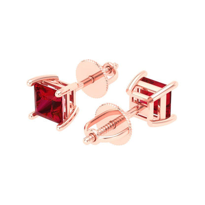 1.5 ctw Ruby Studs Earrings | 5.0mm Princess Cut White Gold Screw back | July Birthstone