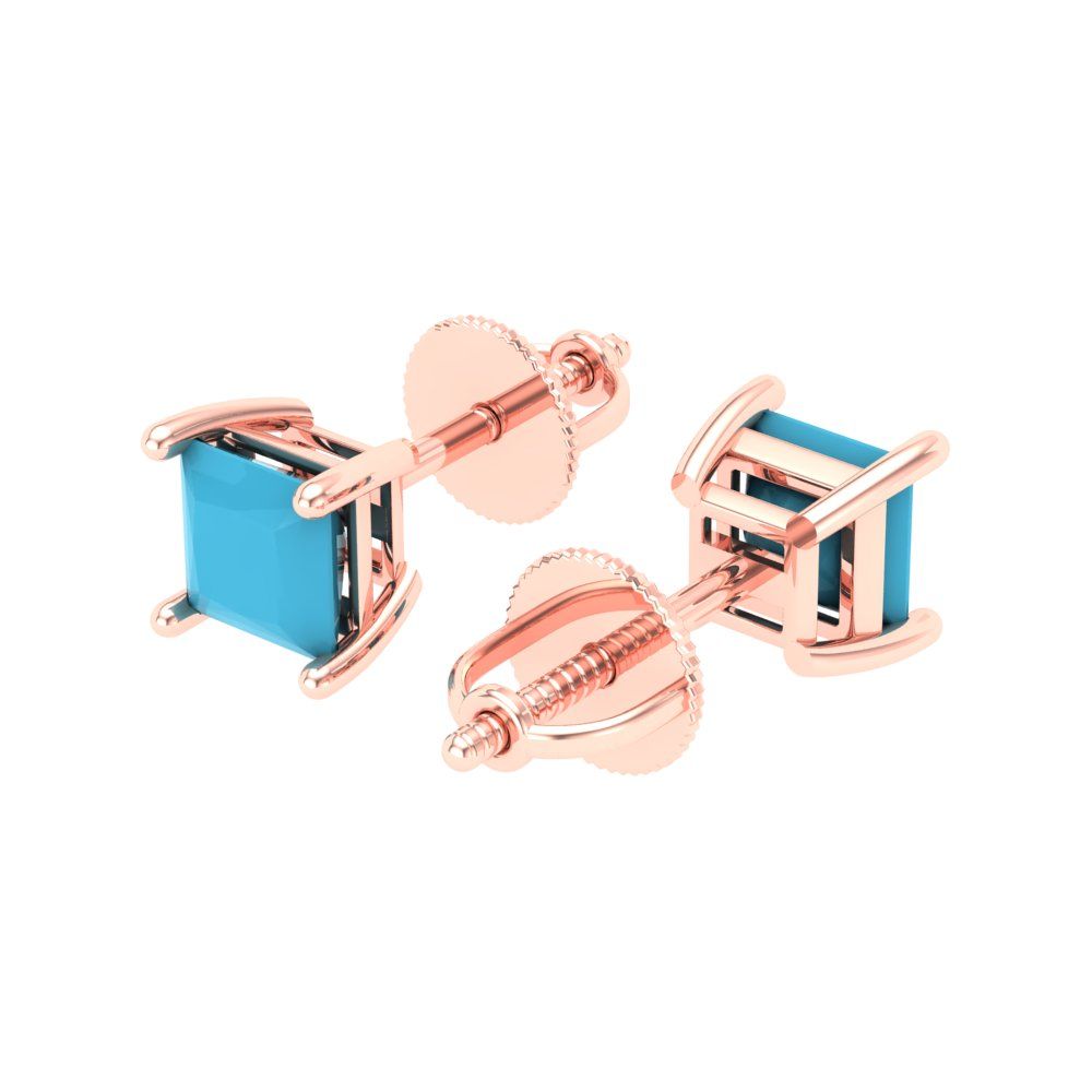 1.5 ctw Turquoise Studs Earrings | 5.0mm Princess Cut White Gold Screw back | December Birthstone