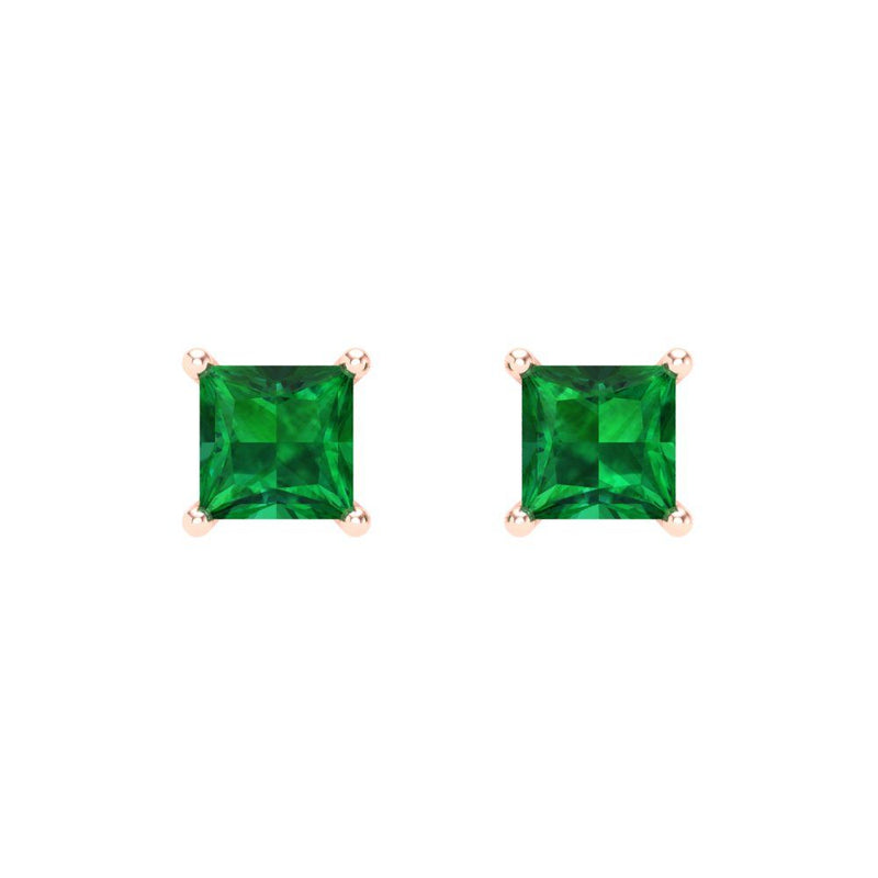 1.5 ct Brilliant Princess Cut Solitaire Studs Simulated Emerald Stone Rose Gold Earrings Screw back