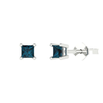 0.5 ctw London Blue Topaz Studs Earrings | 3.5mm Princess Cut White Gold Push back | December Birthstone