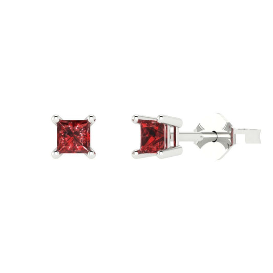 0.5 ctw Garnet Studs Earrings | 3.5mm Princess Cut White Gold Push back | January Birthstone