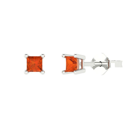 0.5 ctw Red Zirconia Studs Earrings | 3.5mm Princess Cut White Gold Push back | April Birthstone